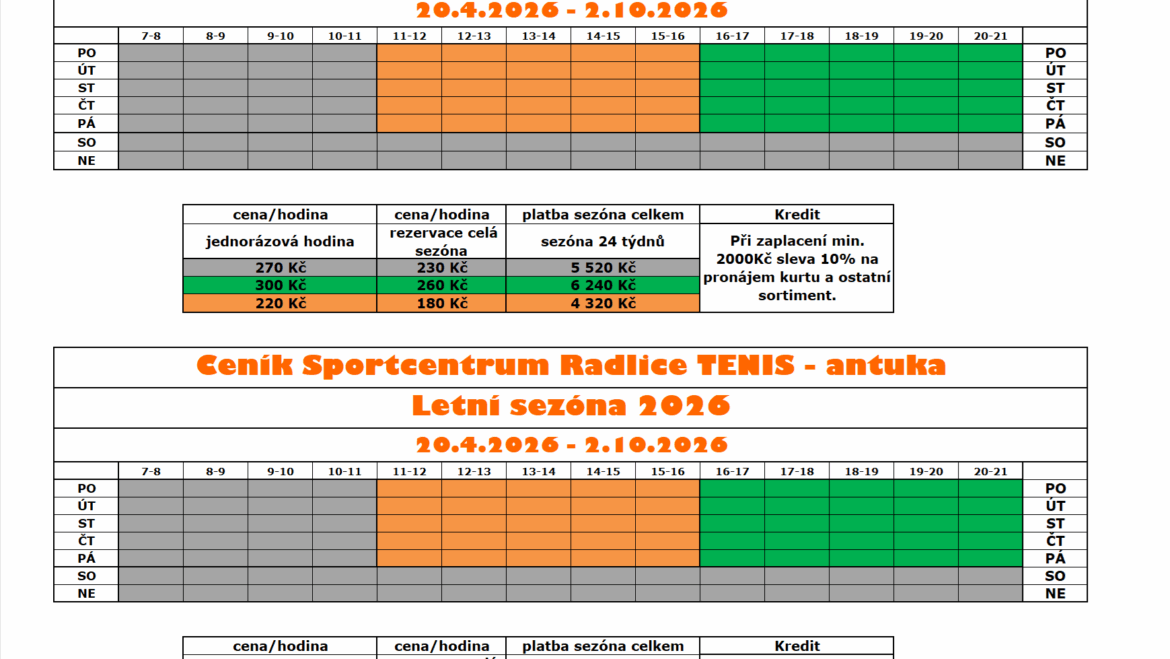 CENÍK PRO LETNÍ SEZÓNU 2026